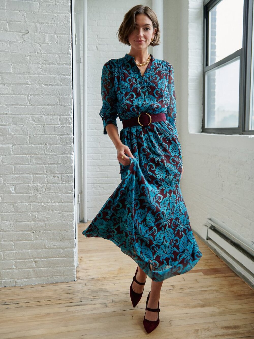 J McLaughlin Hannah Silk Chiffon Dress in Windsor Vine - Dark Brown/Aqua NEW